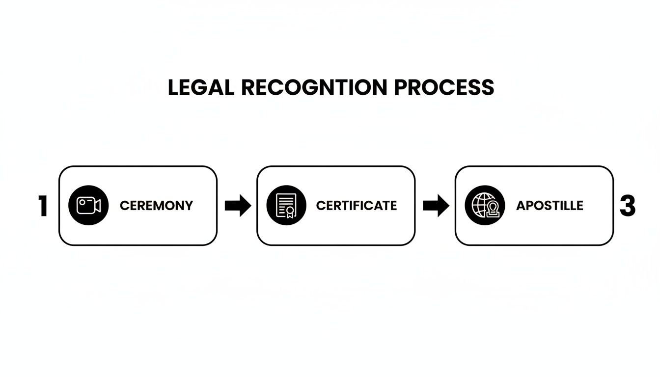 Flowchart illustrating the three-step legal recognition process: Ceremony, Certificate, and Apostille.