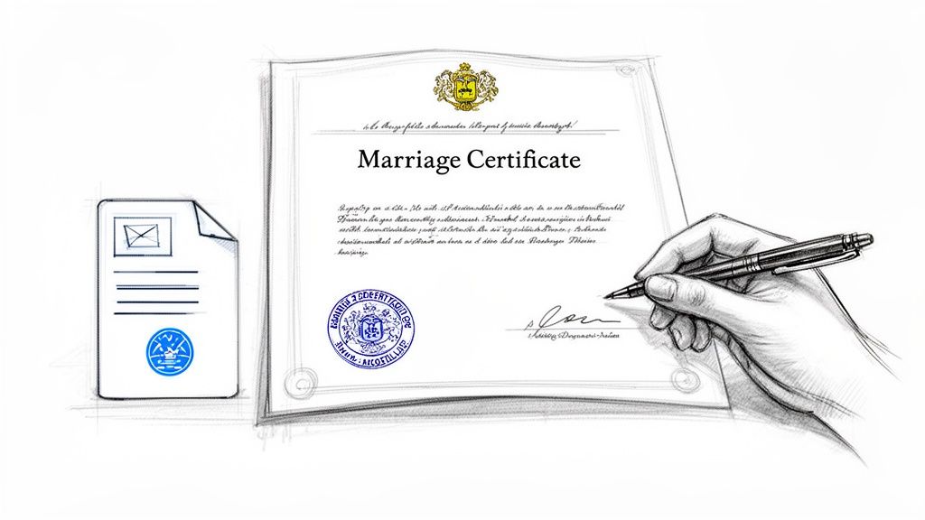 A hand sketches a signature on a marriage certificate, next to a document icon.