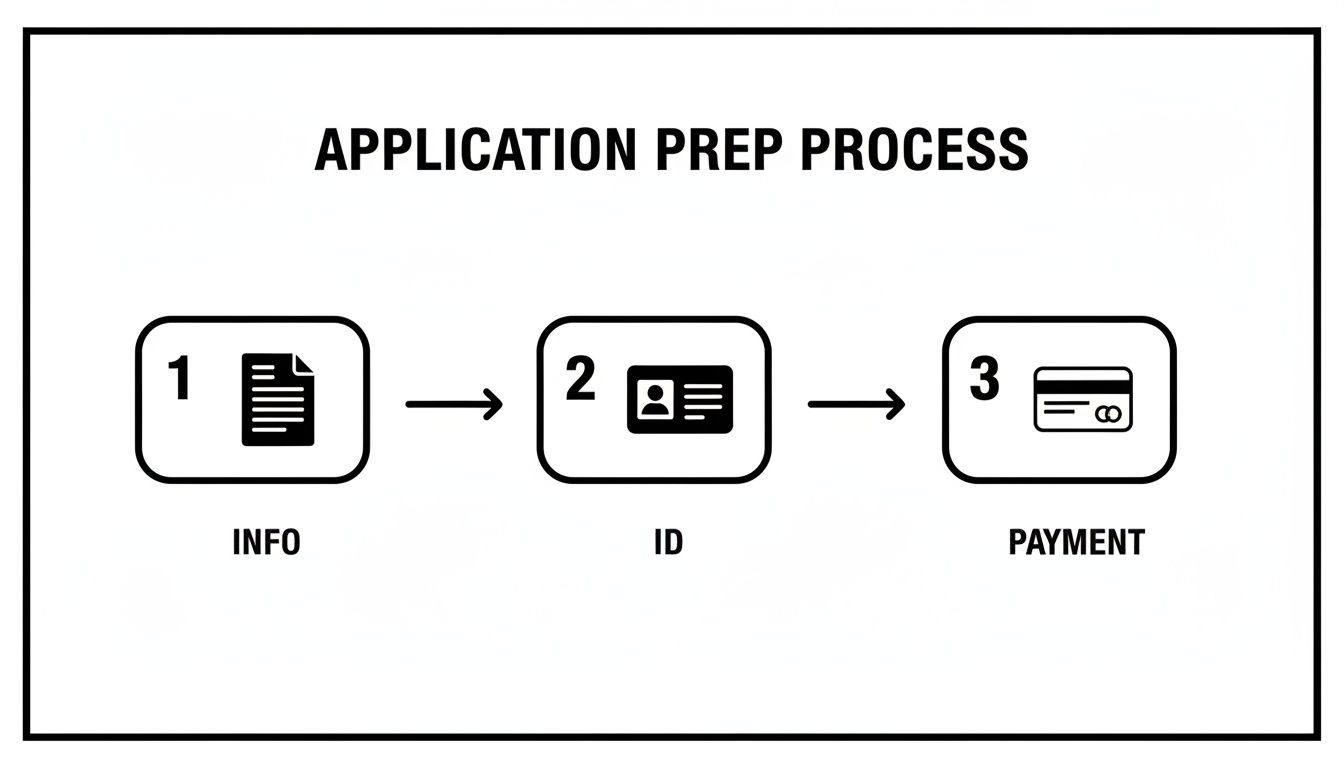 A three-step application preparation process flow diagram showing Info, ID, and Payment.