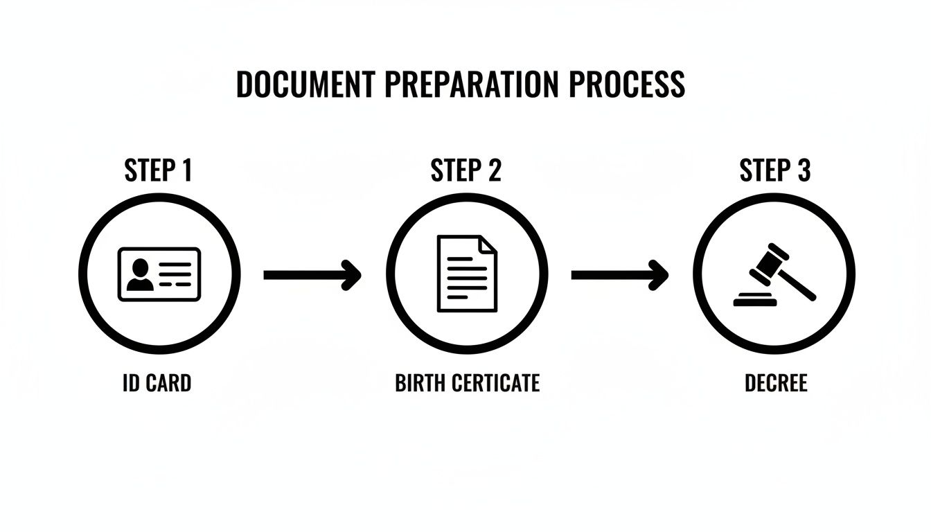 A three-step document preparation process illustrating ID Card, Birth Certificate, and Decree documents.