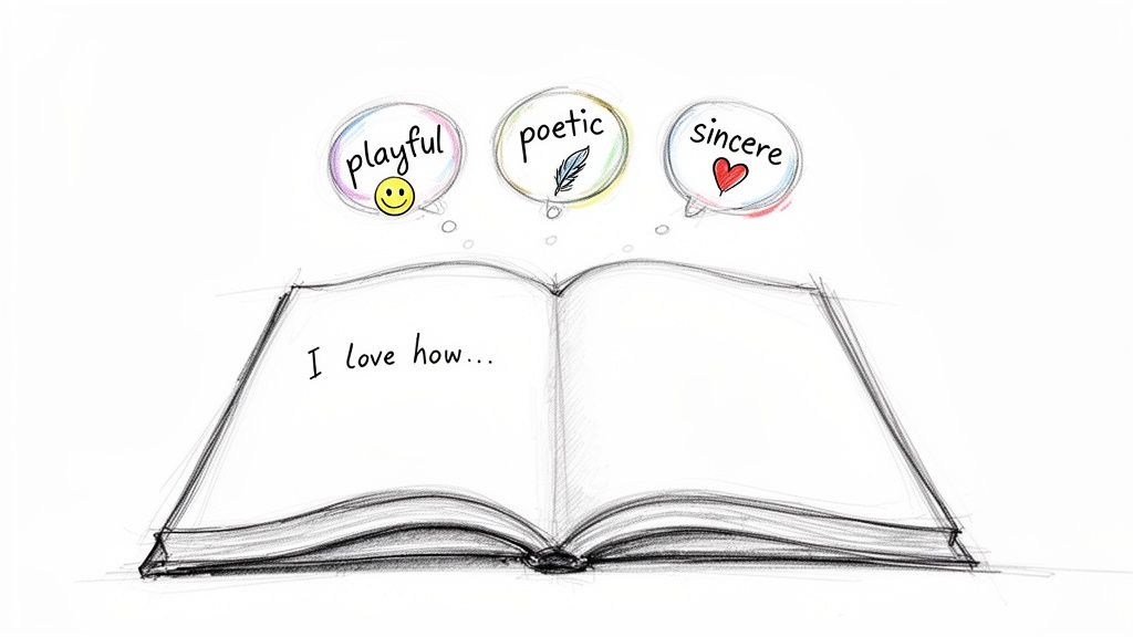 Sketch of an open book with 'I love how...' and thought bubbles: playful, poetic, sincere.