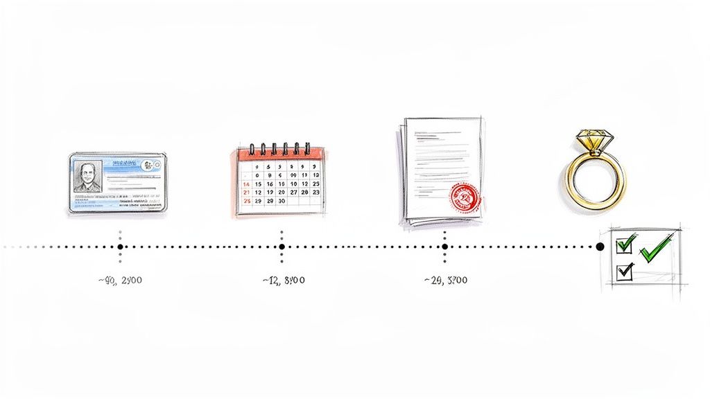 A timeline depicting an ID card, calendar, documents, a diamond ring, and a checklist.