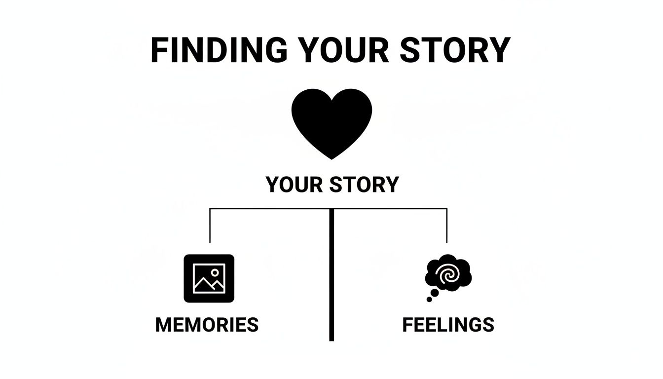 A diagram titled 'Finding Your Story' showing 'Your Story' is made of 'Memories' and 'Feelings'.
