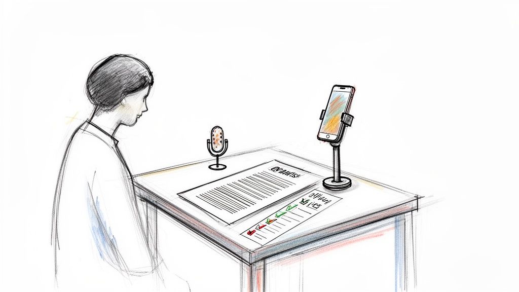 A person sits at a desk with a microphone, smartphone on a stand, and papers with text and a checklist.
