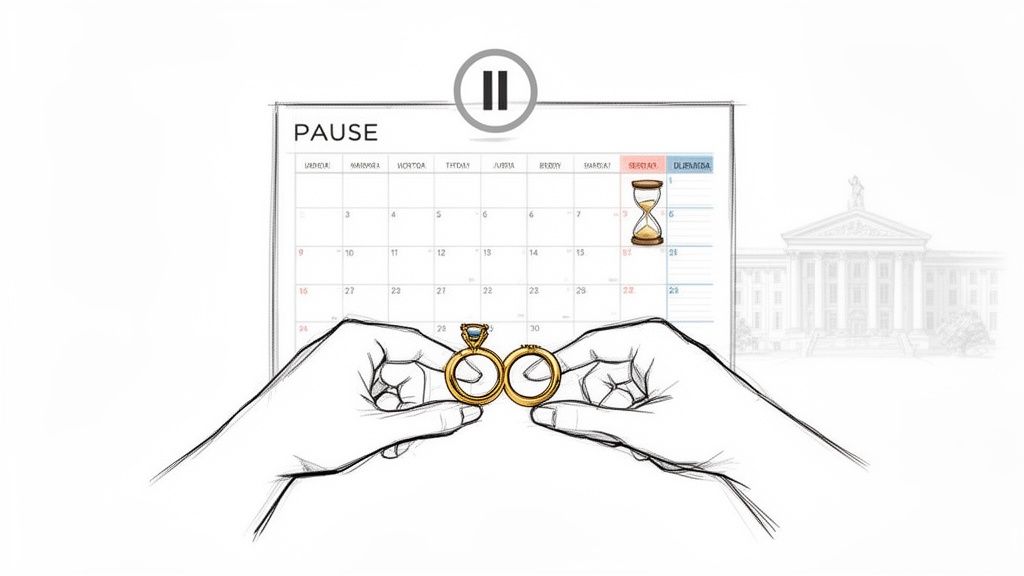 An illustration of hands holding wedding rings before a calendar with a 'PAUSE' icon, symbolizing a waiting period.