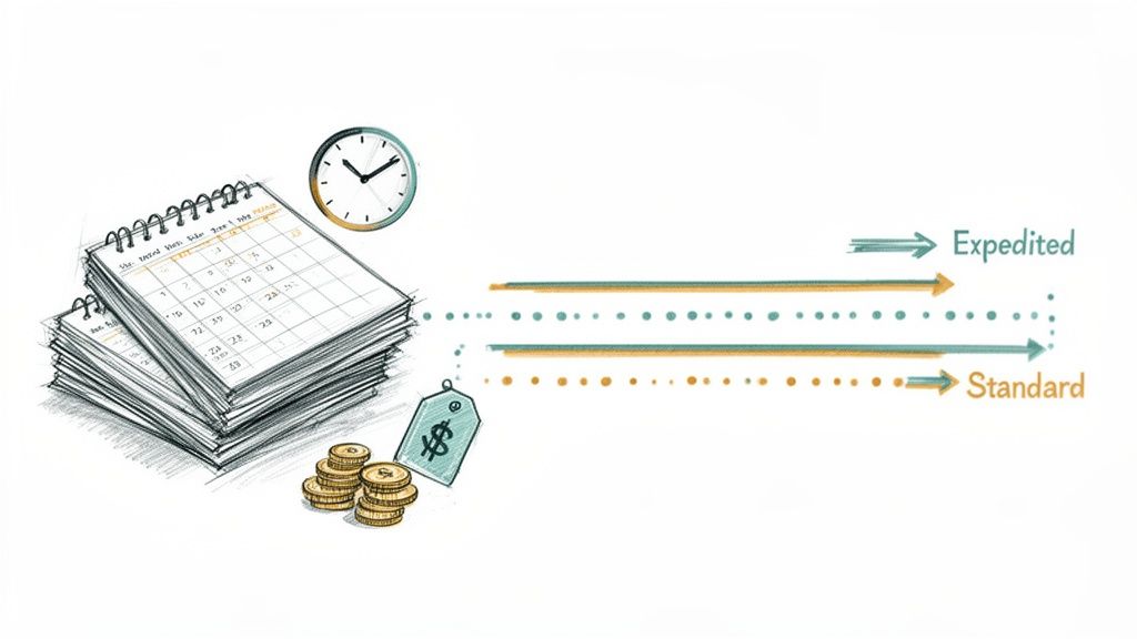 An illustration comparing expedited and standard delivery options, showing time, calendars, money, and speed.