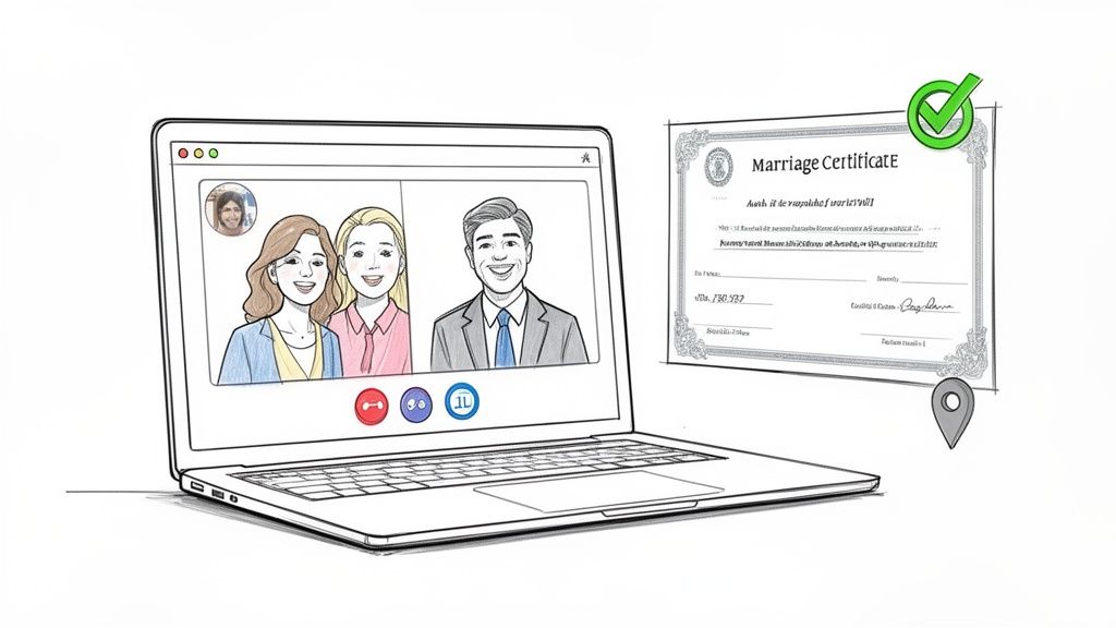 An illustration of a laptop with a video call showing three smiling people, next to a signed marriage certificate.