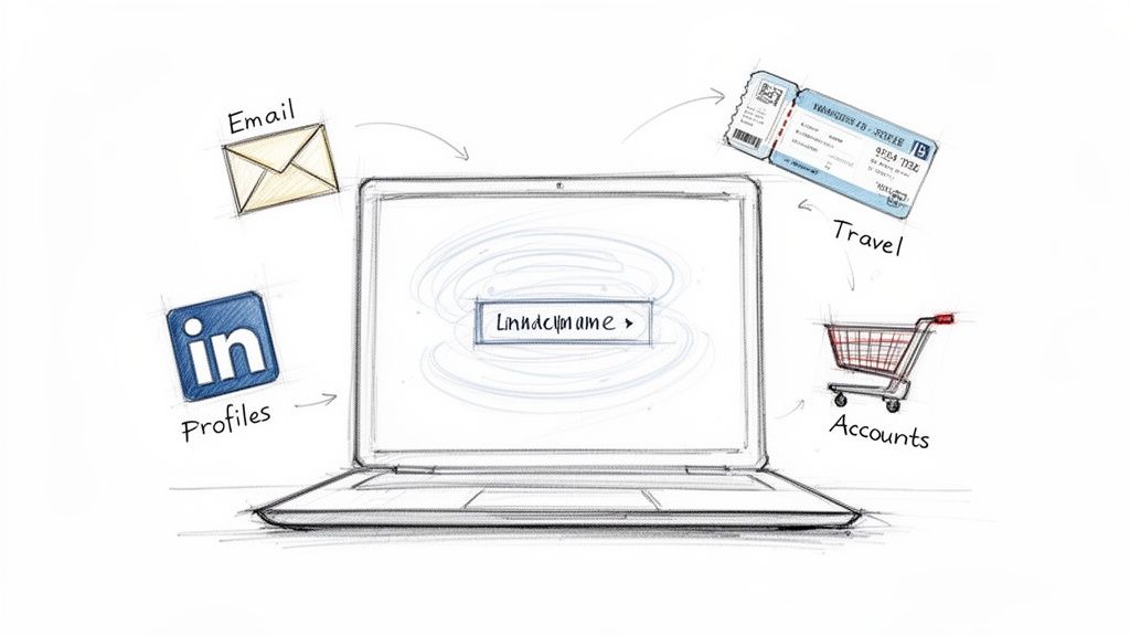 Sketch of a laptop centralizing personal information: email, LinkedIn profiles, travel tickets, and shopping accounts.