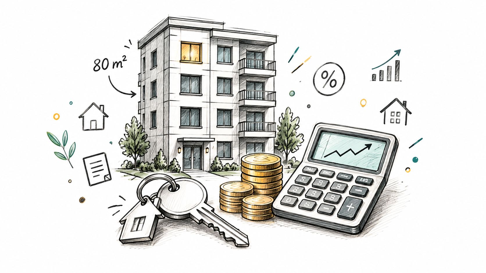 Eine handgezeichnete Illustration zeigt ein Wohngebäude, Schlüssel, Münzstapel und einen Taschenrechner als Symbol für Immobilieninvestitionen.