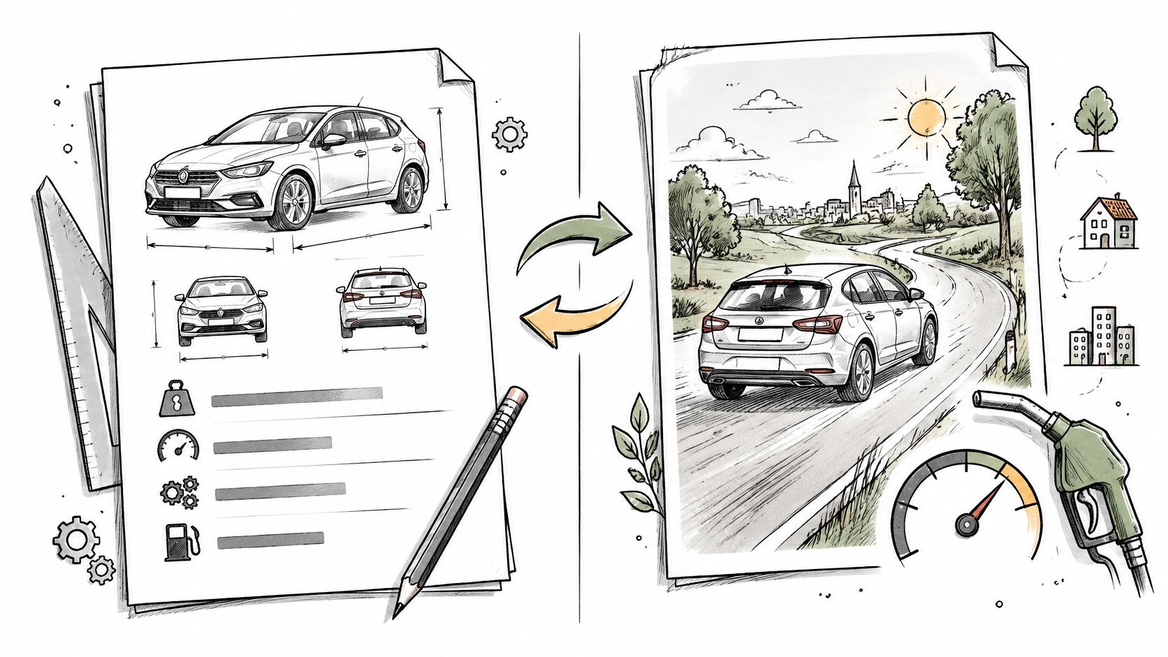 Eine grafische Gegenüberstellung von technischer Autoplanung und dem tatsächlichen Fahrbetrieb mit Einflussfaktoren wie Umwelt und Verbrauch.