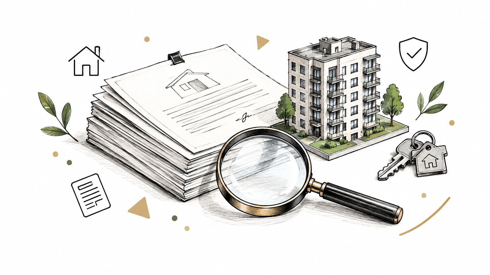 Illustration einer Eigentumswohnung als Kapitalanlage mit Unterlagen, Lupe und Schlüssel für den Immobilienerwerb.