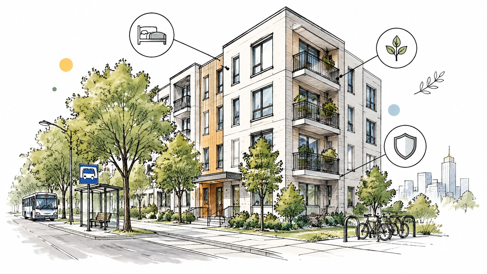 Eine Skizze eines modernen Apartmenthauses mit Symbolen für Wohnkomfort, Umweltfreundlichkeit, Sicherheit und guter Verkehrsanbindung durch eine Bushaltestelle.
