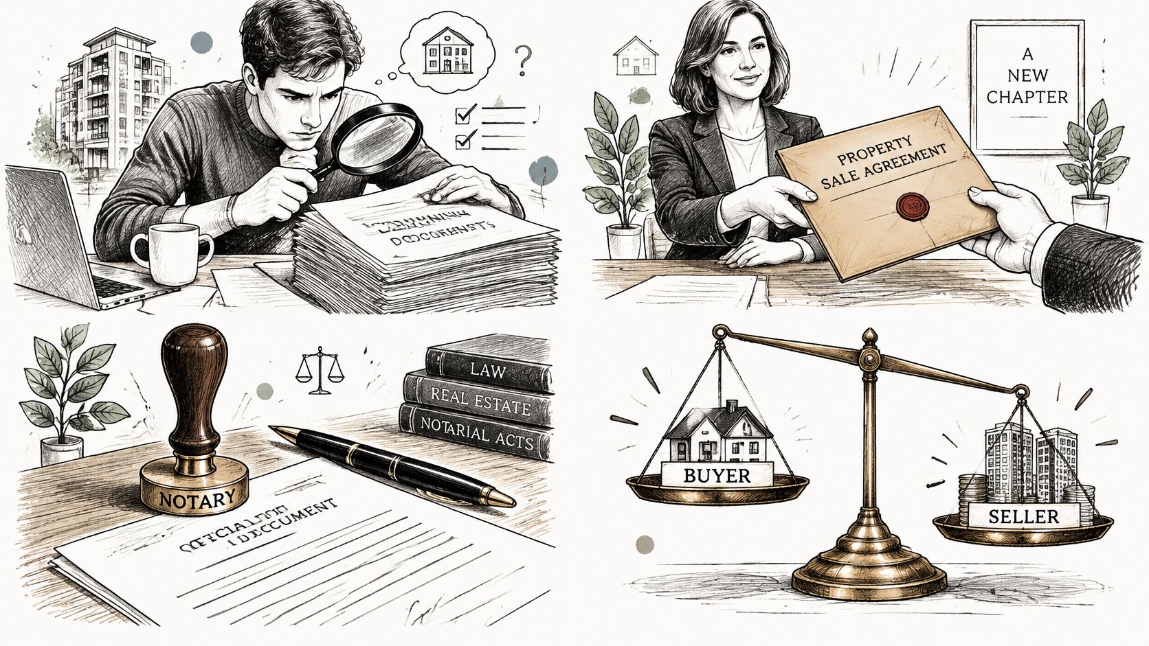 Eine vierteilige Illustration zeigt den Due-Diligence-Prozess und die notarielle Abwicklung bei einem Immobilienverkauf zwischen Käufer und Verkäufer.