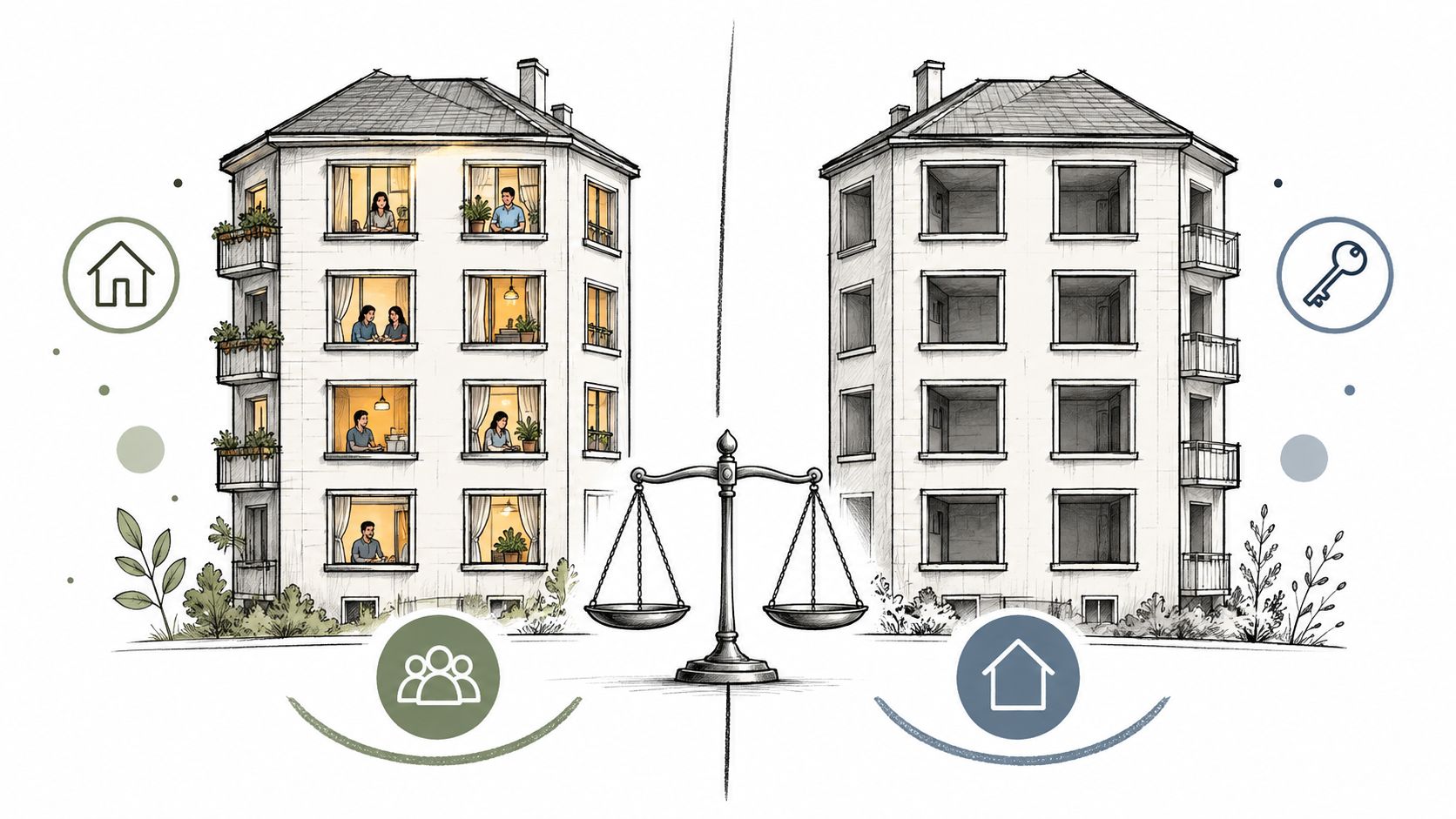Eine Waage zwischen einem bewohnten und einem leeren Mietshaus symbolisiert das finanzielle Risiko von Mietausfällen.