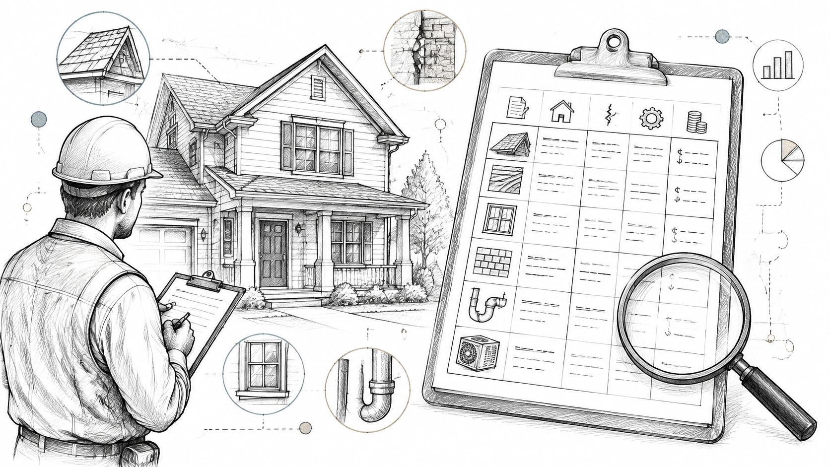 Ein Bauingenieur inspiziert ein Wohnhaus und prüft eine detaillierte technische Zustandsliste mit einer Lupe auf dem Klemmbrett.