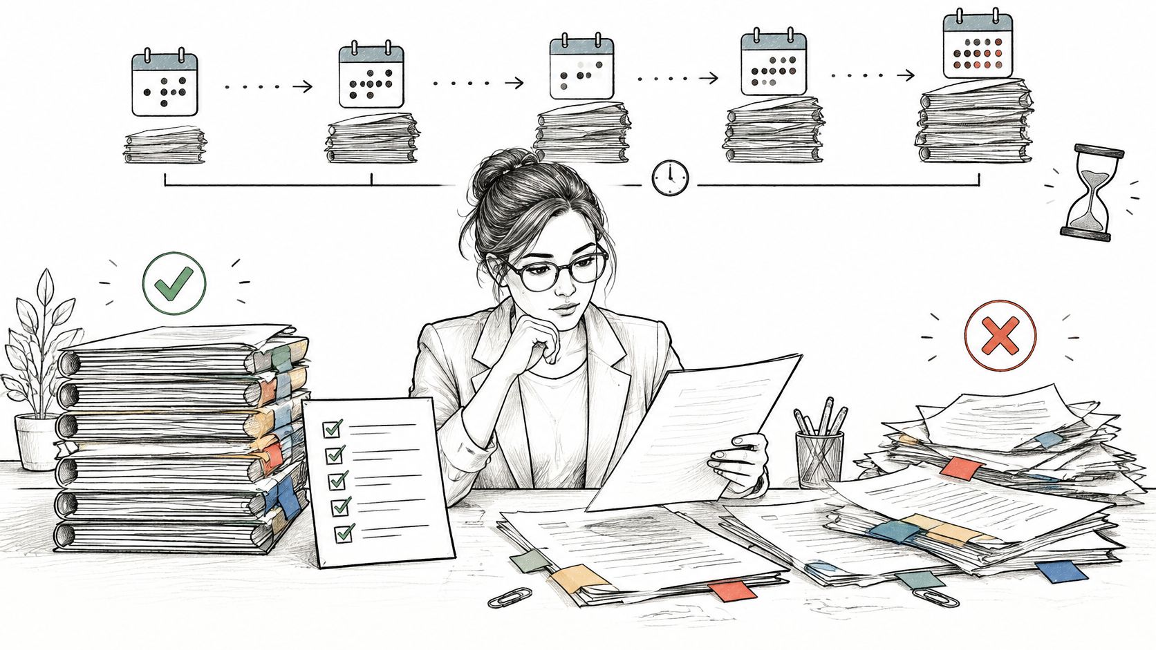 Eine Frau arbeitet konzentriert an ihrem Schreibtisch mit ordentlichen Aktenstapeln und einem Zeitplan zur Datenraum-Software.