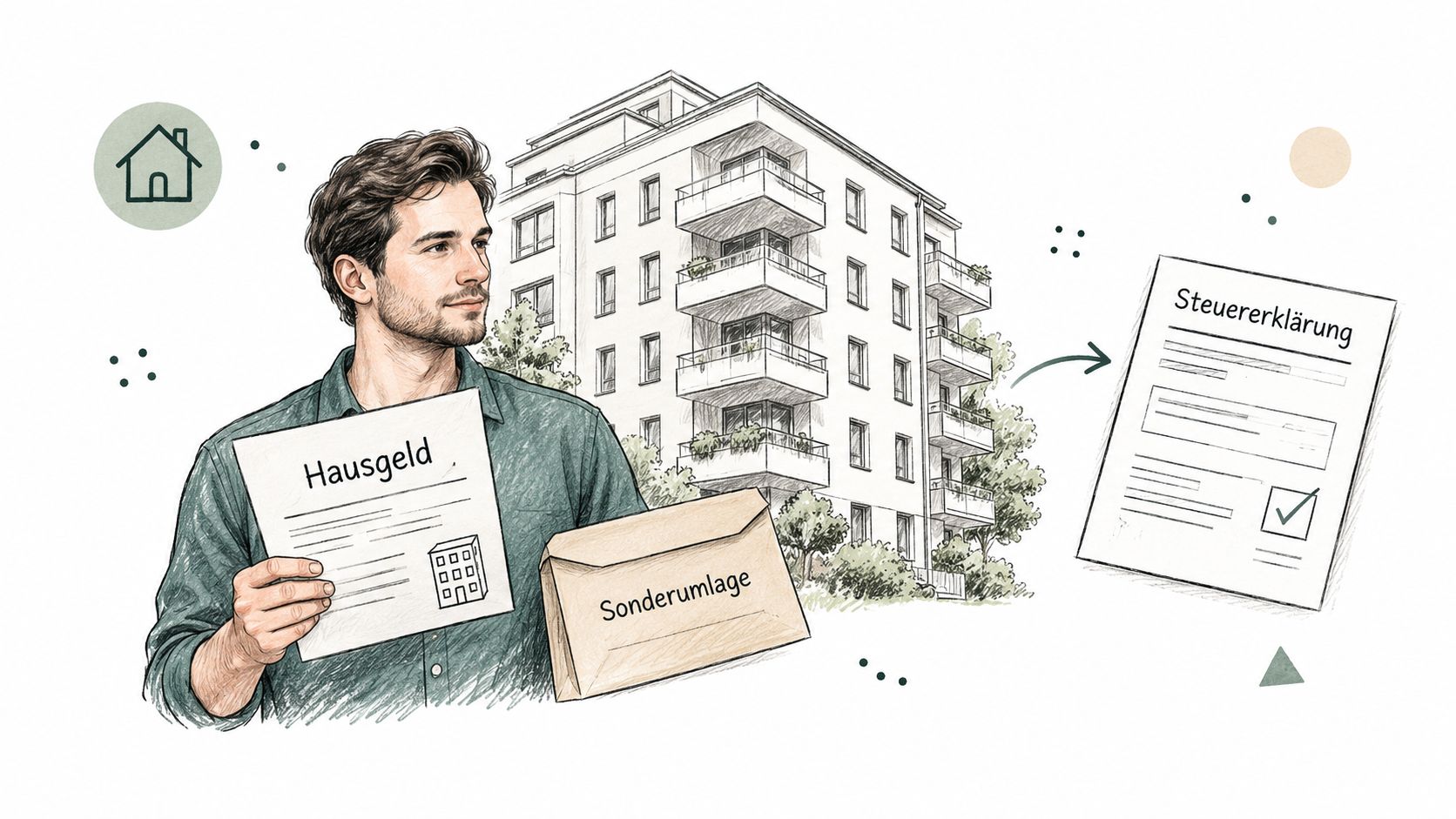 Ein Mann hält Dokumente zum Hausgeld und eine Sonderumlage für eine Immobilie für seine Steuererklärung in den Händen.
