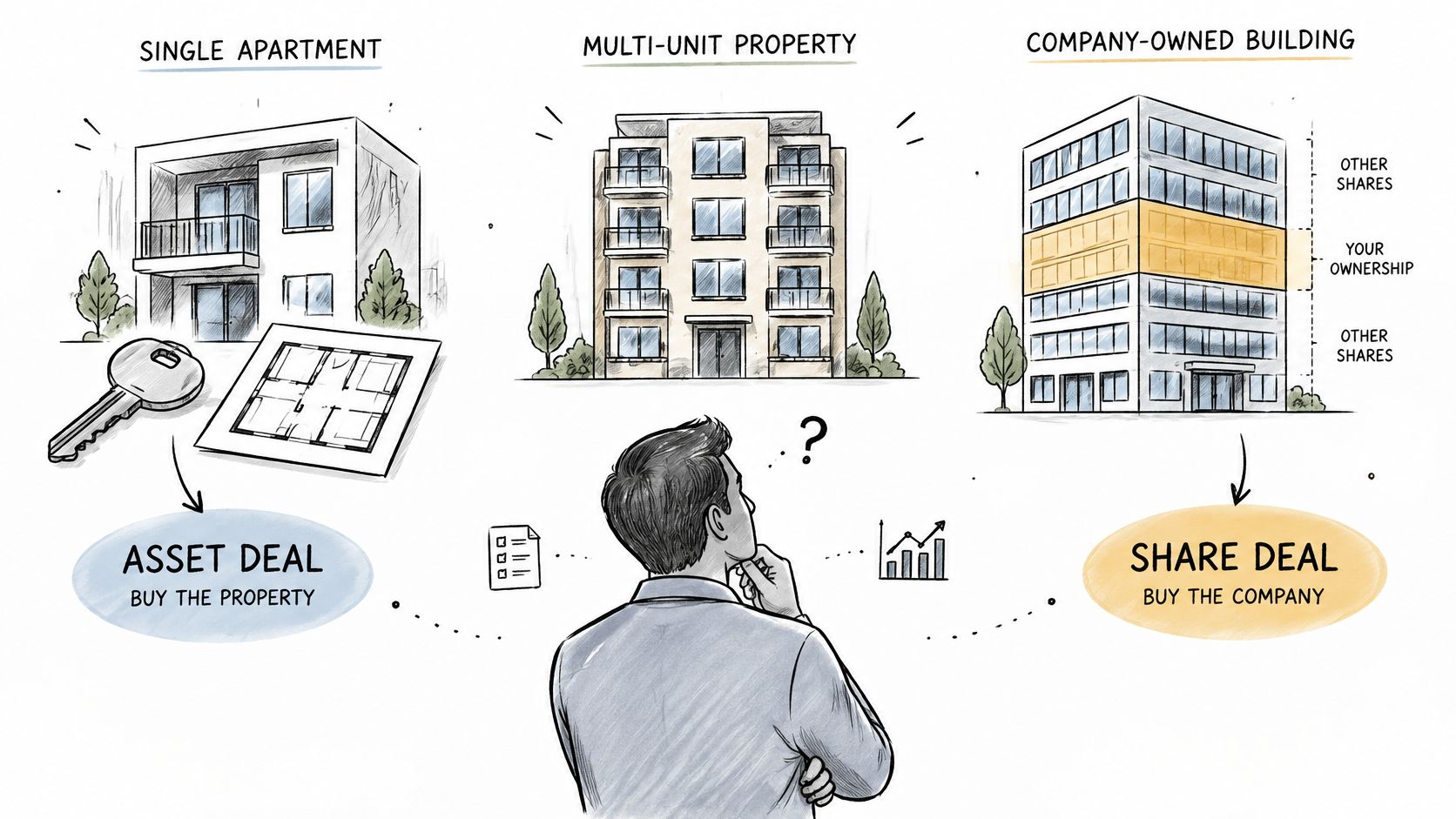 Illustration eines Mannes, der über Immobilieninvestitionen als Asset Deal oder Share Deal nachdenkt.
