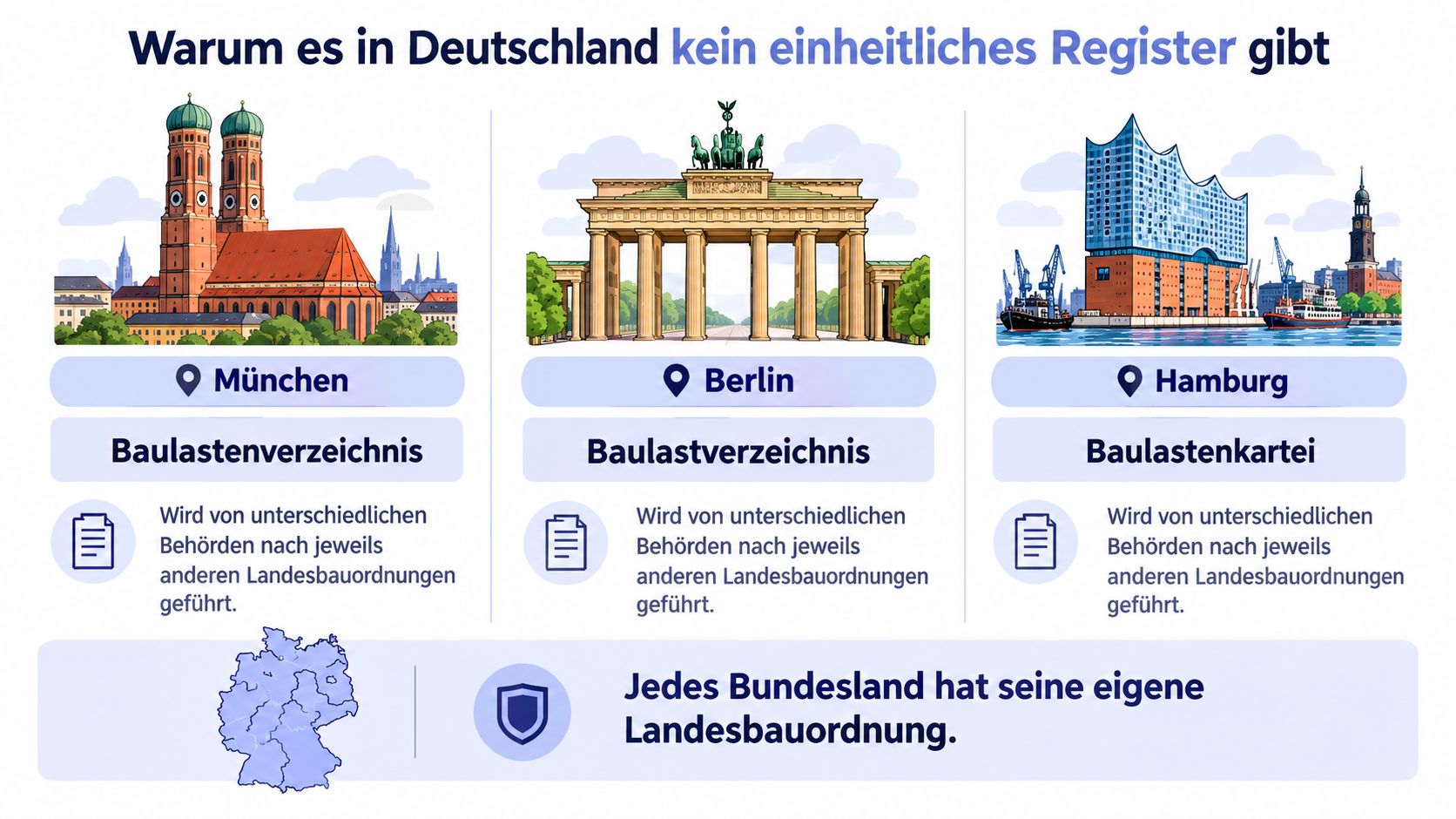 Eine Infografik erklärt, warum es in Deutschland aufgrund unterschiedlicher Landesbauordnungen kein einheitliches Baulastenverzeichnis gibt.