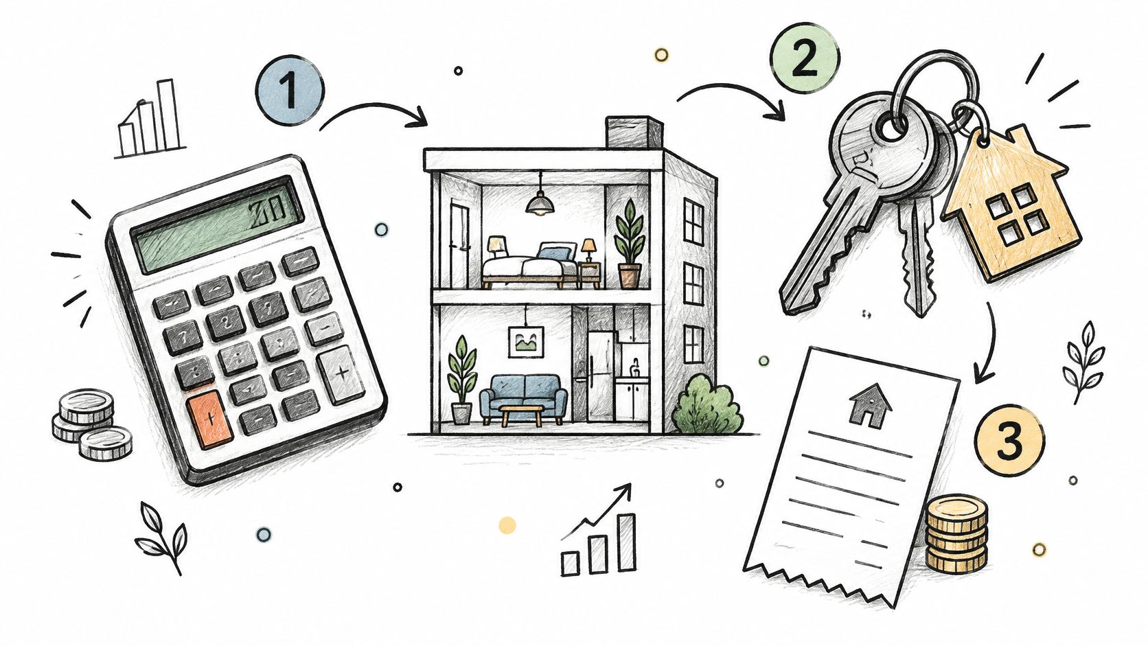 Eine illustrierte Darstellung, die die drei Schritte vom Finanzplan über den Hauskauf bis zur Immobilienrendite visualisiert.