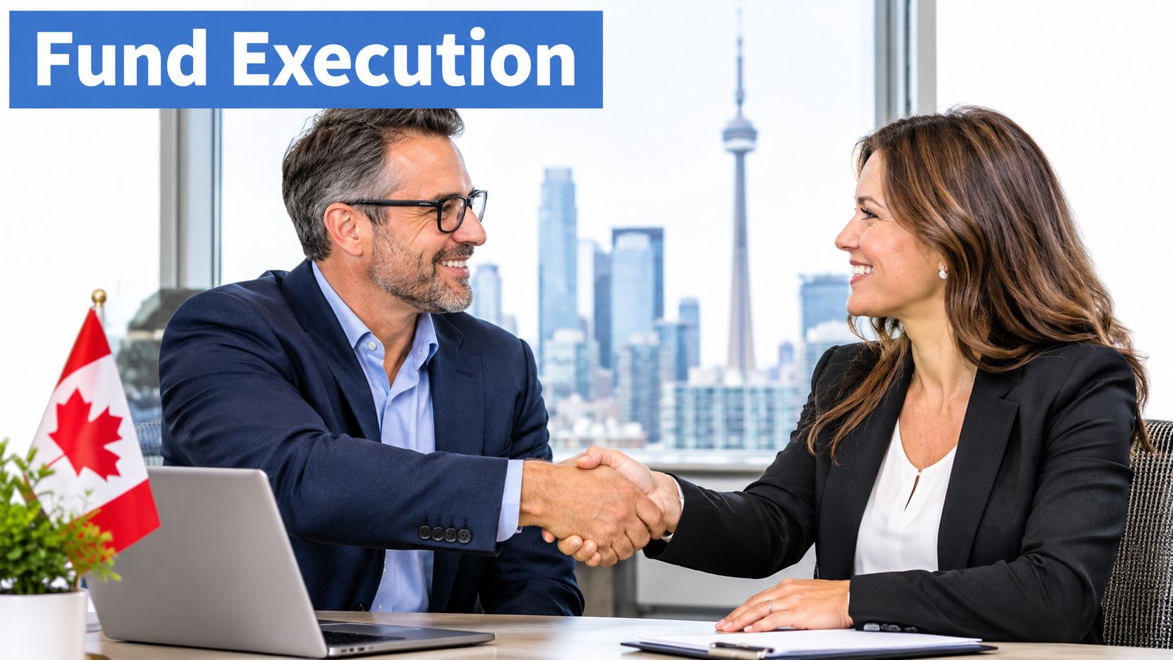 A professional man and woman shaking hands in a corporate office with a view of Toronto.