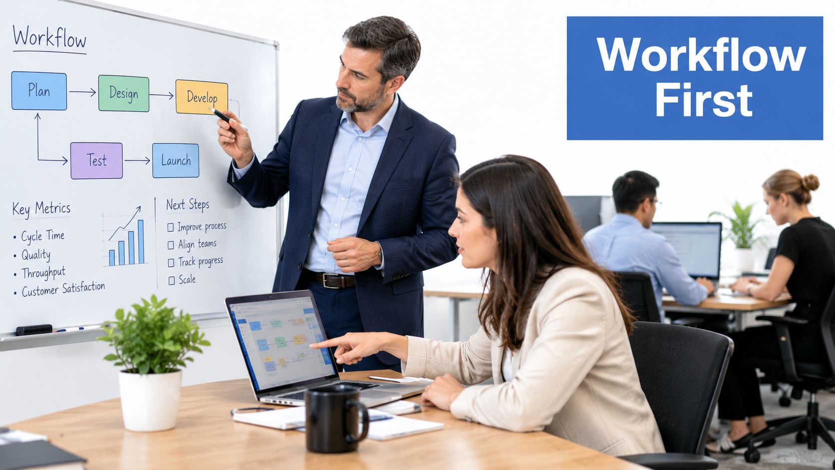 A professional team discussing workflow processes and strategy in a modern office environment with whiteboards.
