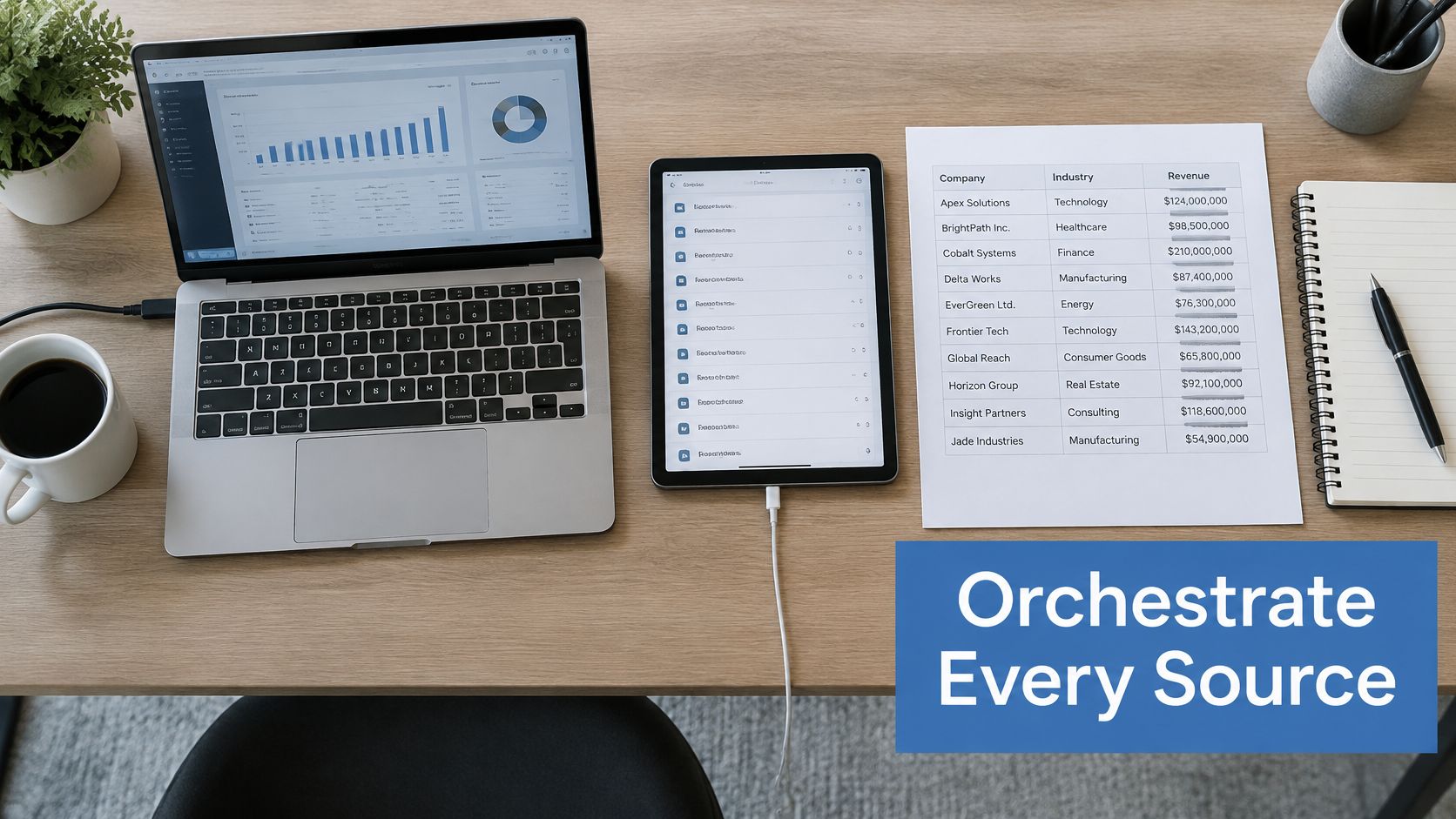 A professional workspace featuring a laptop, tablet, notebook, and a table showing company revenue data analytics.