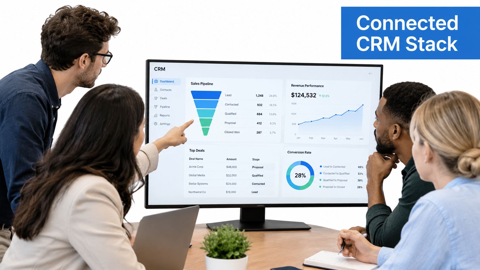 A professional team discussing marketing data and sales pipeline analytics on a large computer screen monitor.