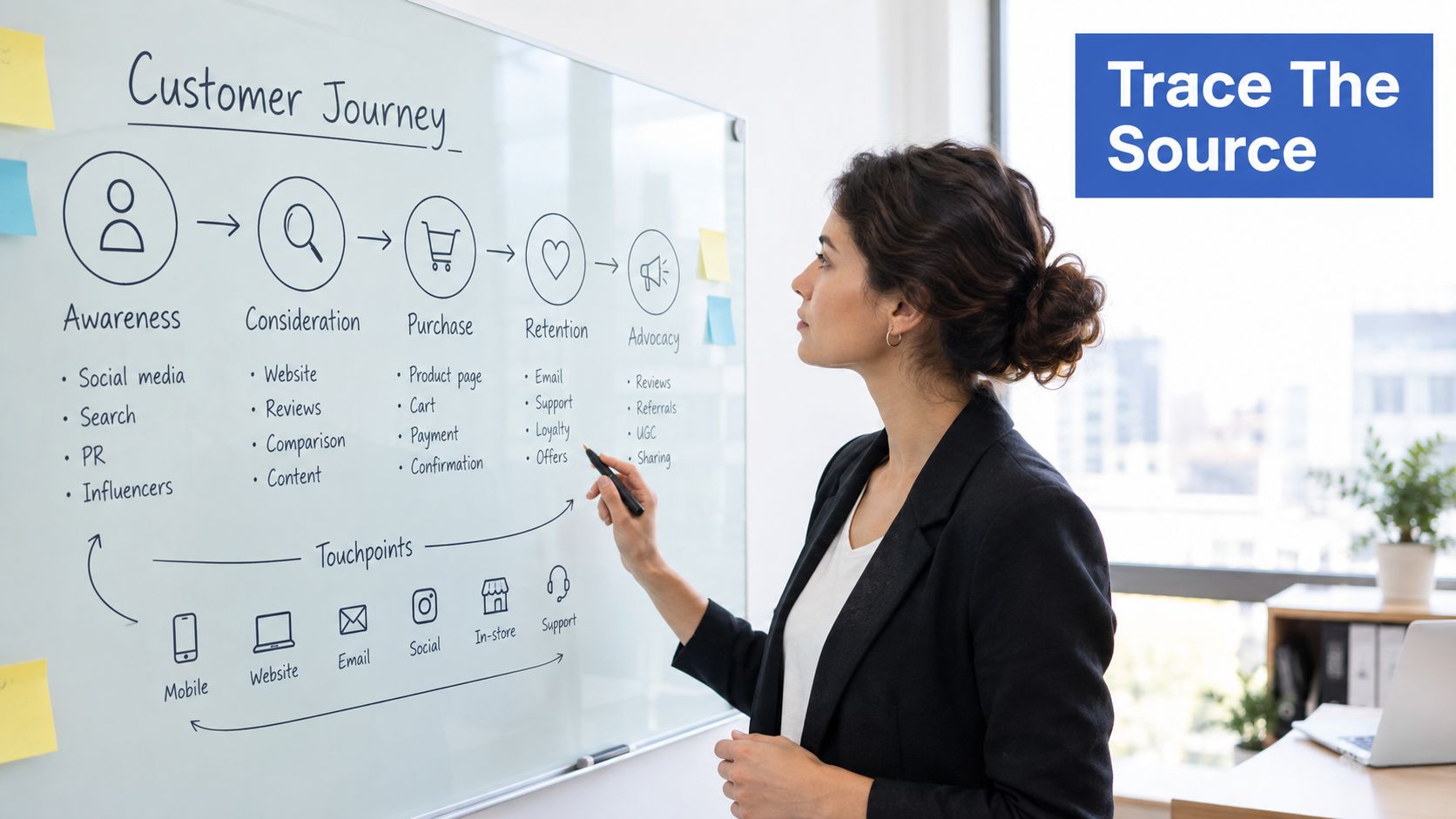 A professional woman explaining the customer journey stages and business touchpoints on a large glass whiteboard.