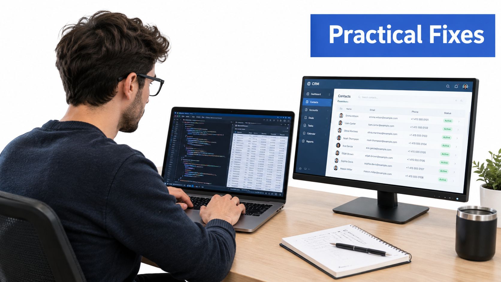 A professional developer sitting at a desk working on software code and CRM contact management data.