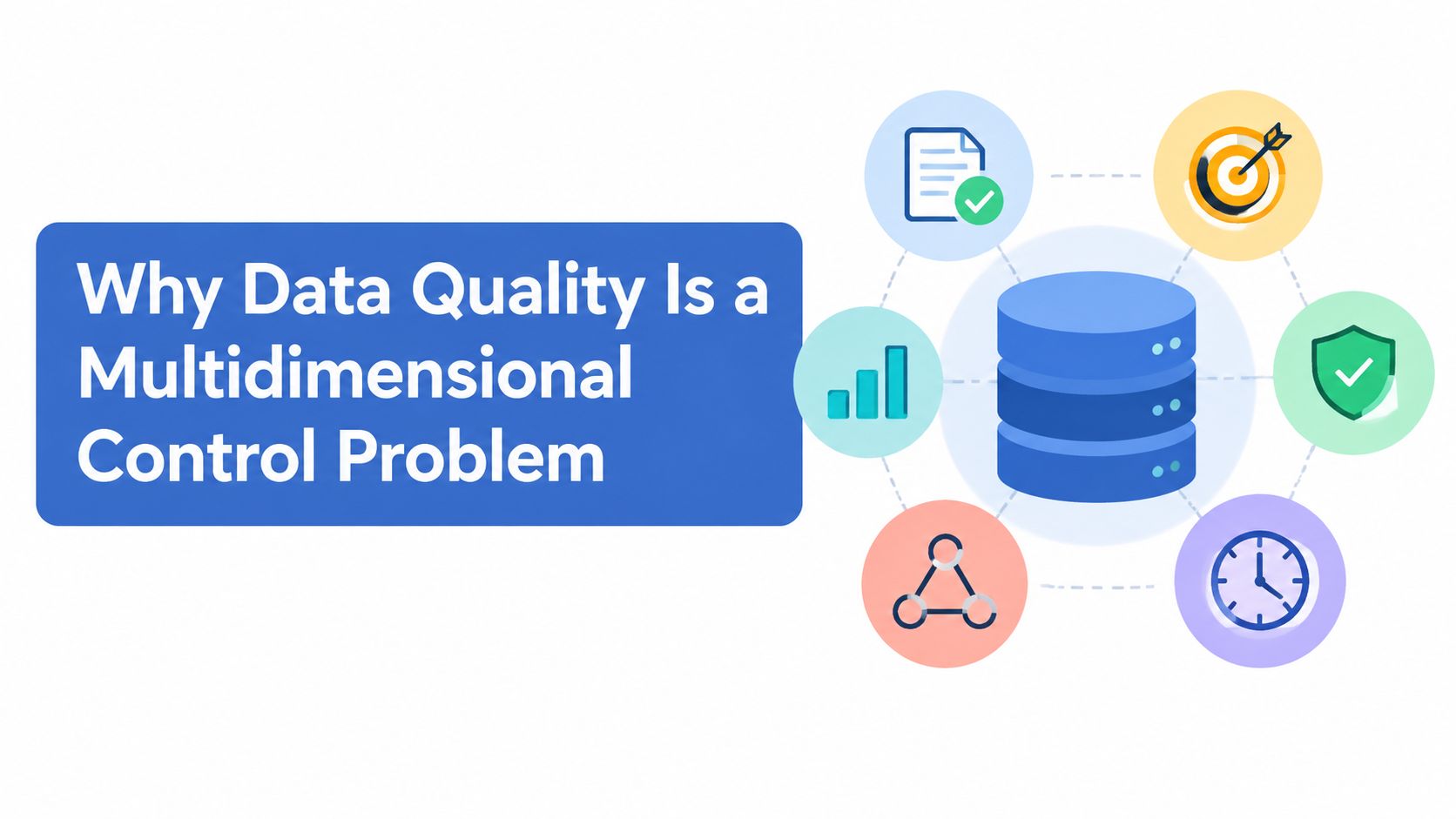 A digital illustration representing data quality as a multidimensional control problem, centered around a database icon.