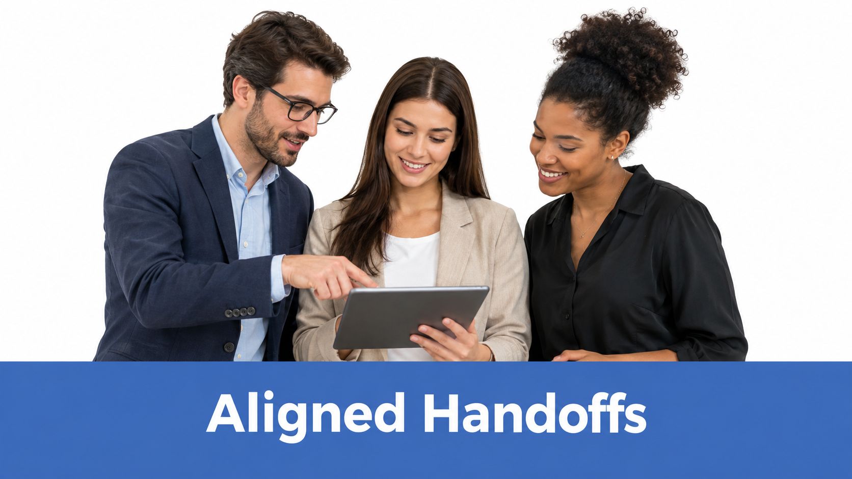 A professional man and two women looking at a digital tablet together against a white background.