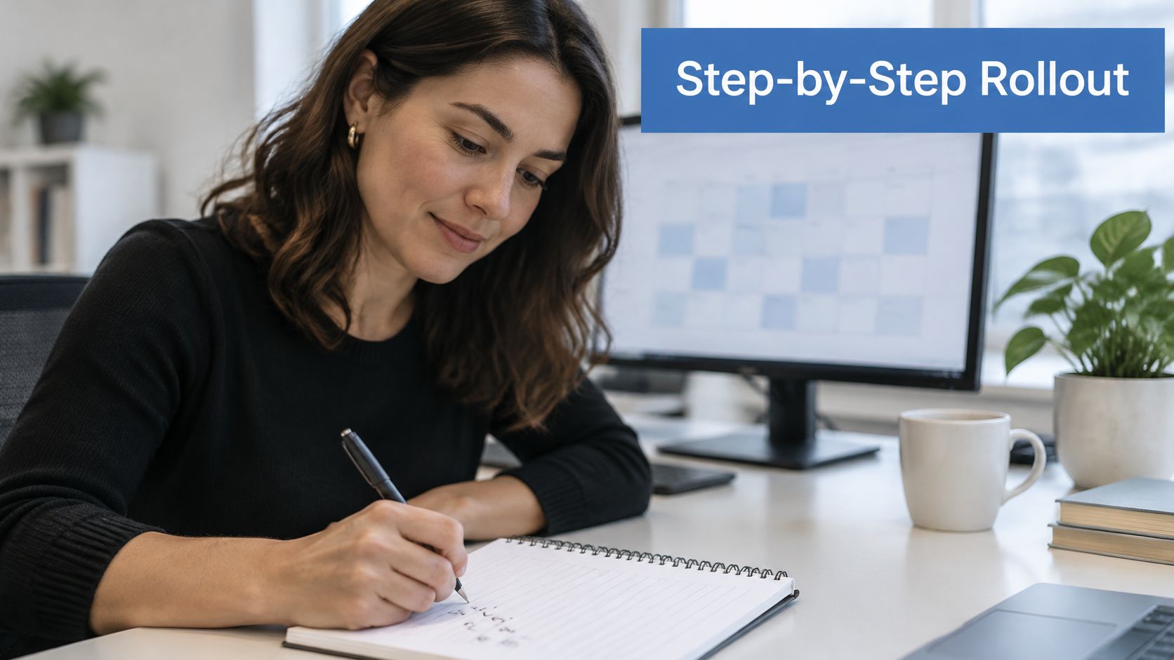 A professional woman writing in a notebook at her desk in a bright, modern office space.