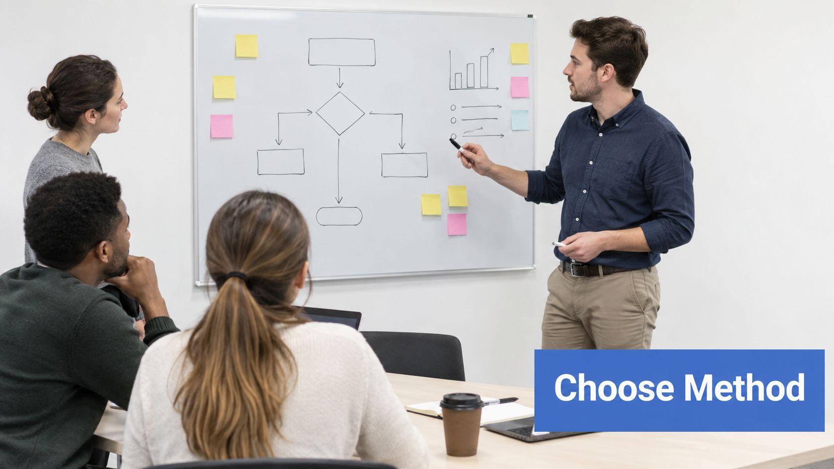 A male colleague presents a business process flowchart on a whiteboard to his team in an office.