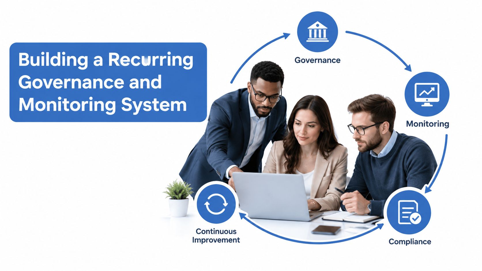 A professional team collaborating on a laptop to implement a recurring governance and monitoring system for business.