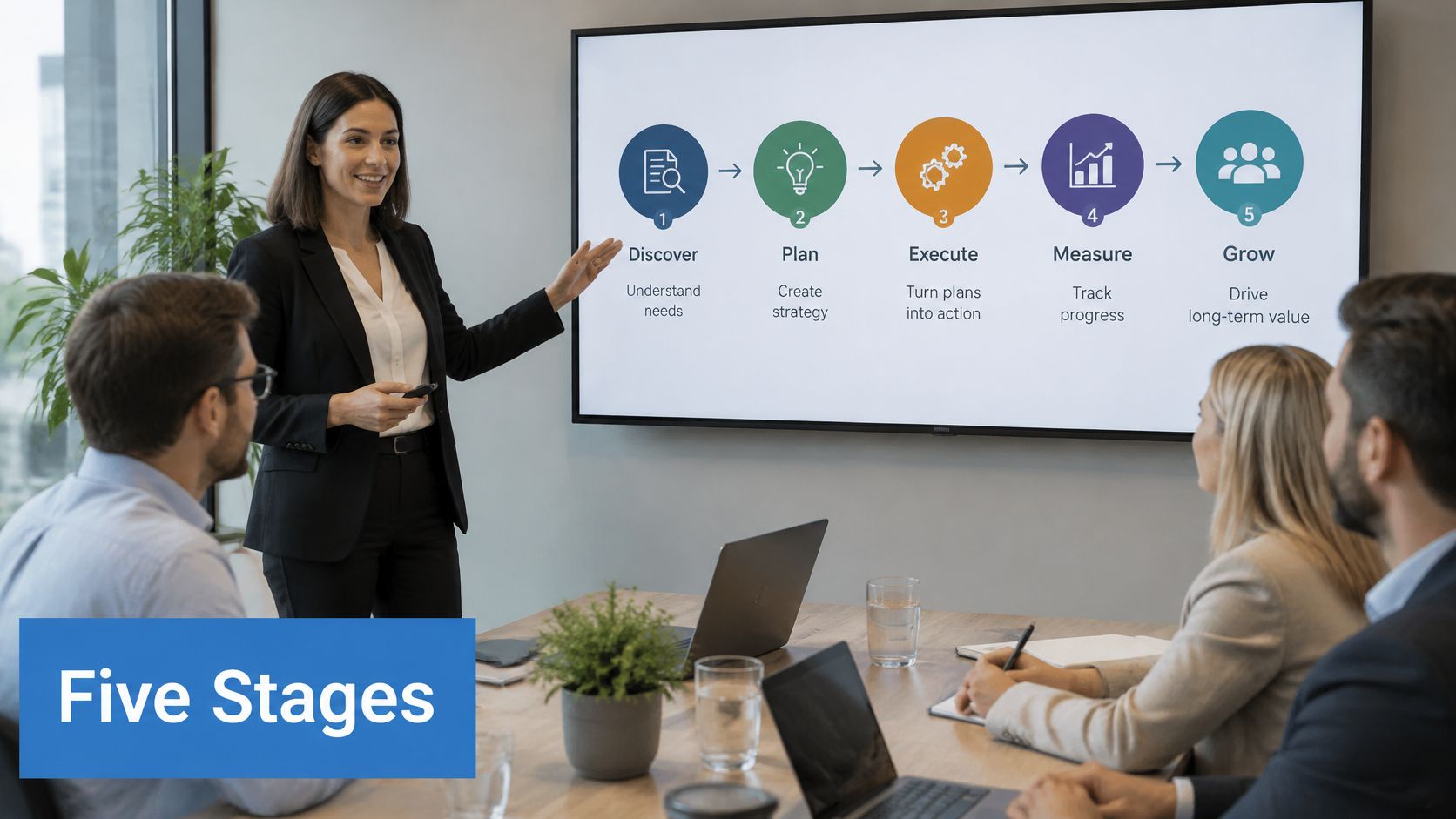 A professional woman presenting a five-stage business growth strategy diagram to a team in an office meeting.
