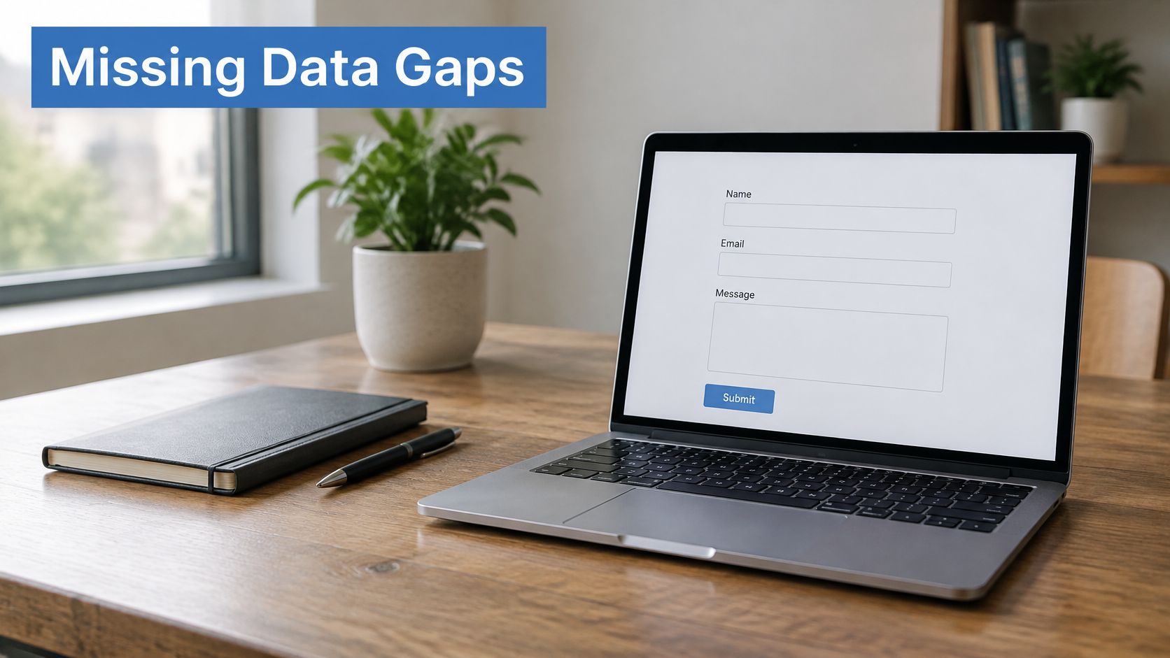 A laptop on a wooden desk displaying an empty contact form representing missing data gaps.