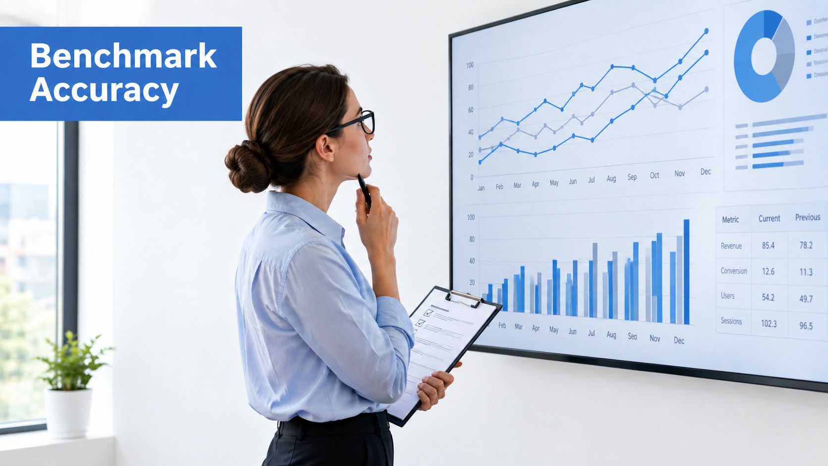 A professional woman in business attire analyzing sales forecast data charts on a large office wall screen.