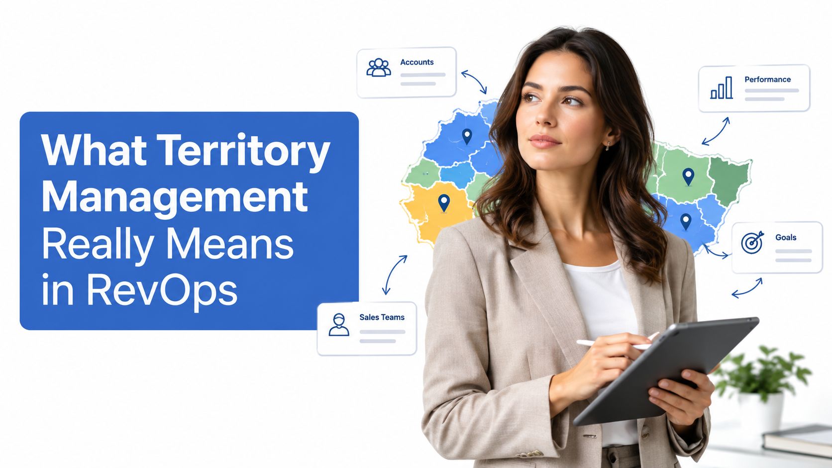 A professional woman holding a tablet in front of a diagram explaining RevOps territory management strategies.