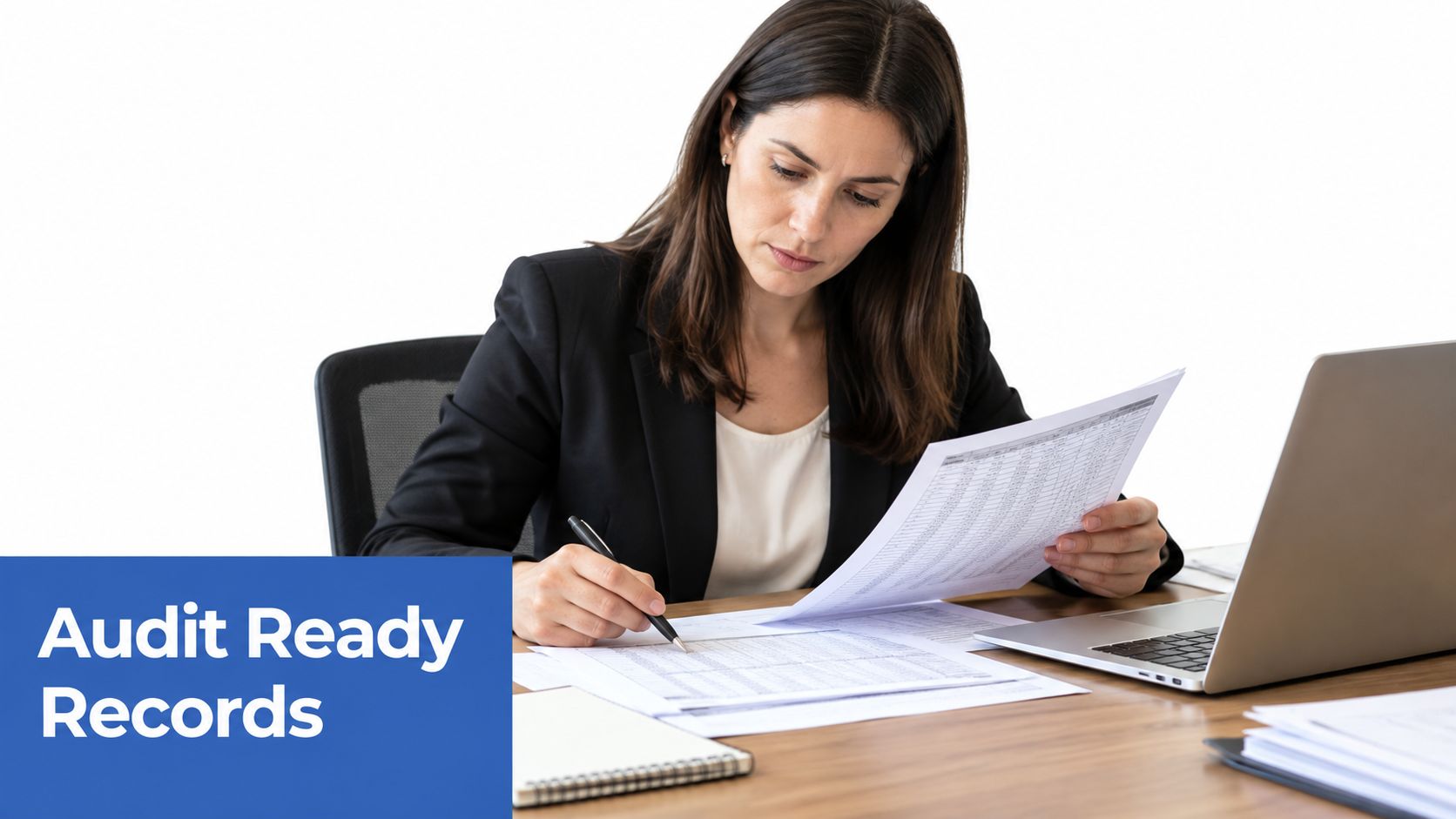 A professional woman in a suit sitting at a desk reviewing and signing financial audit documents.
