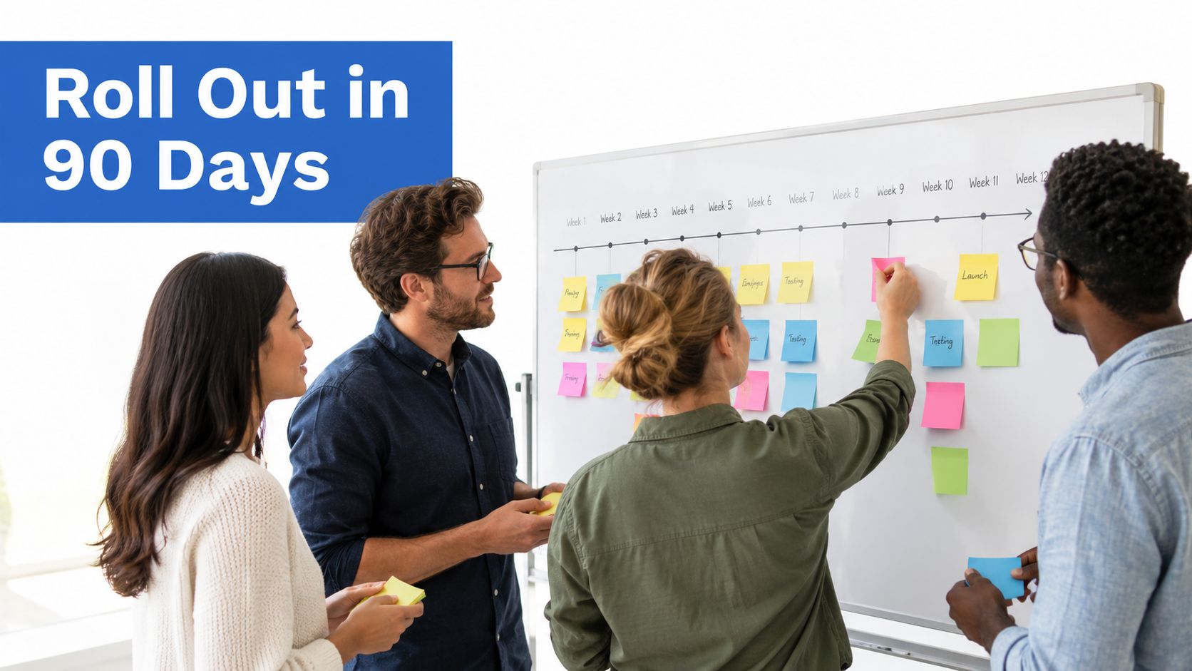 A diverse group of professionals collaborating on a project timeline using colorful sticky notes on a whiteboard.