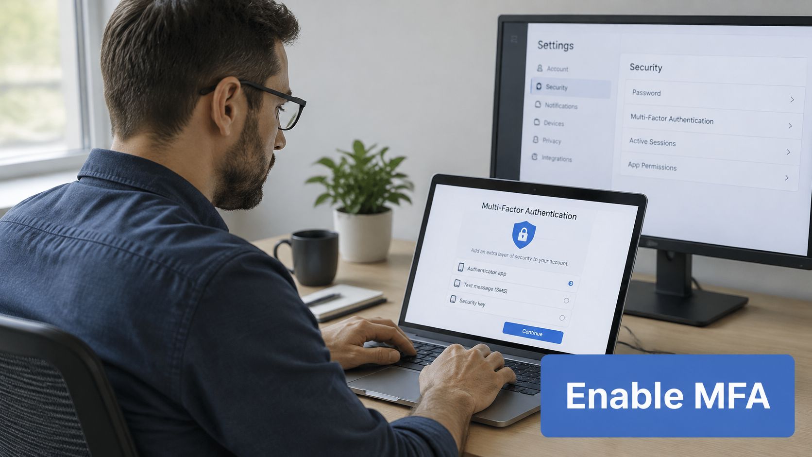 A professional man setting up multi-factor authentication on his laptop while sitting at a desk.