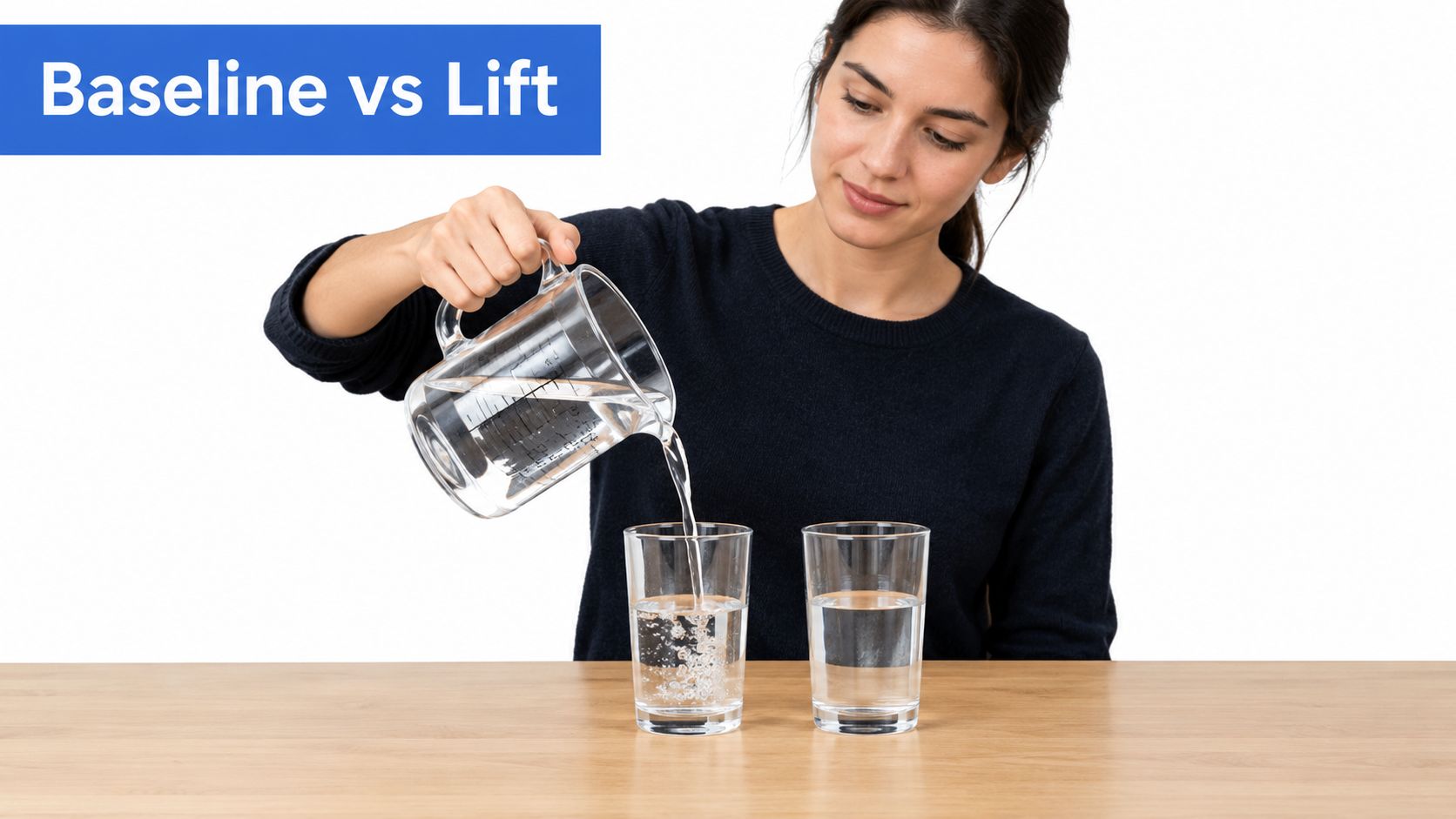 A woman pouring water from a measuring cup into a glass on a wooden table.