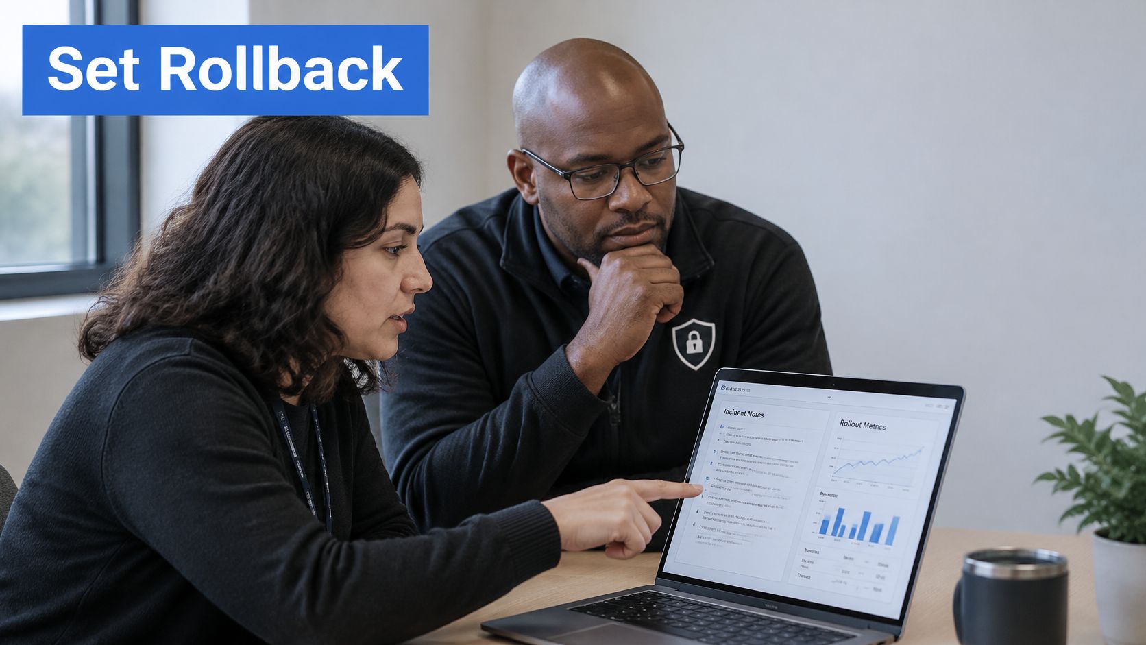A diverse business team collaborating while analyzing security incident notes and rollout metrics on a laptop screen.