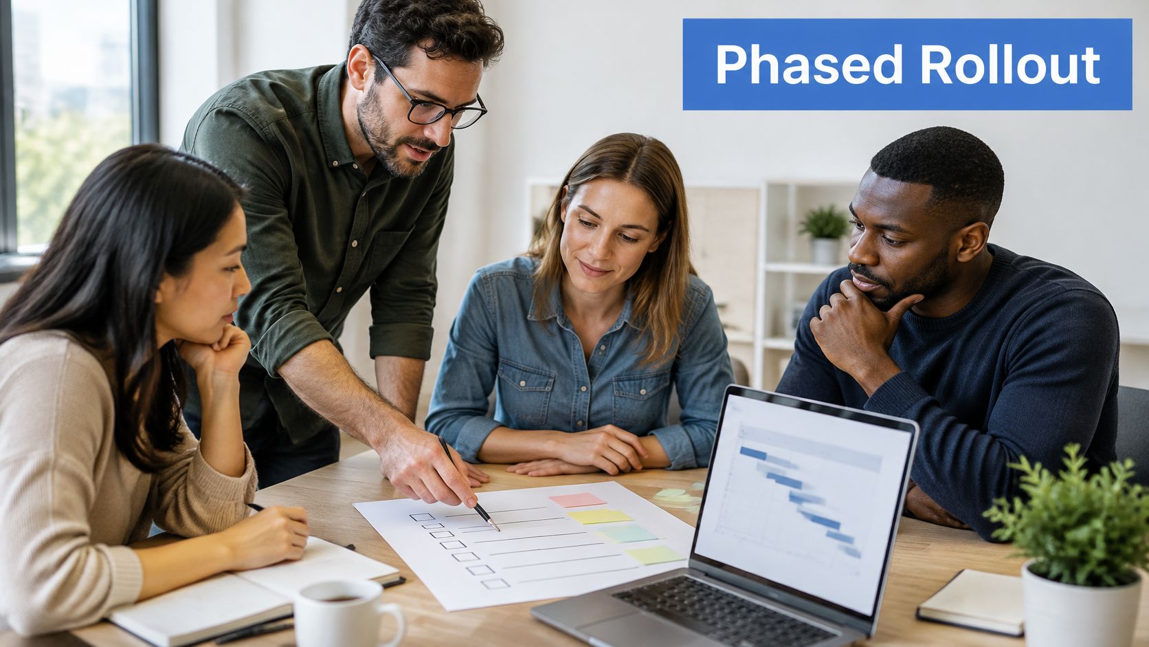 A diverse team of professionals collaborating around a table while discussing a phased project rollout strategy.