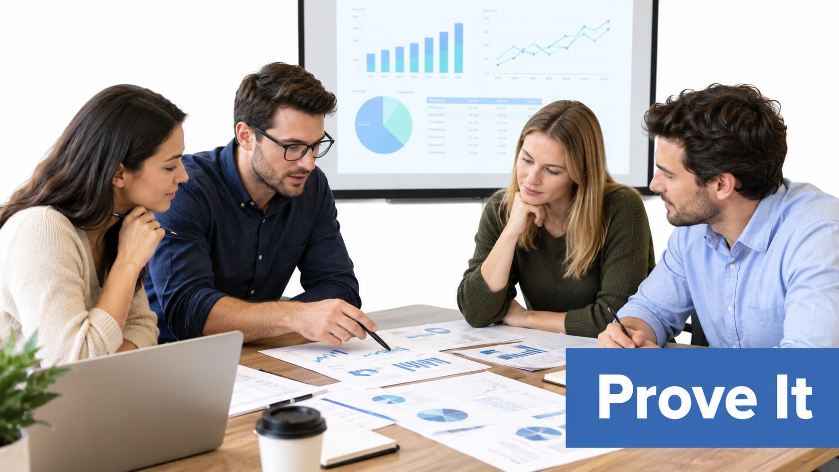 A professional team of four people collaborating during a business meeting while analyzing charts and data reports.