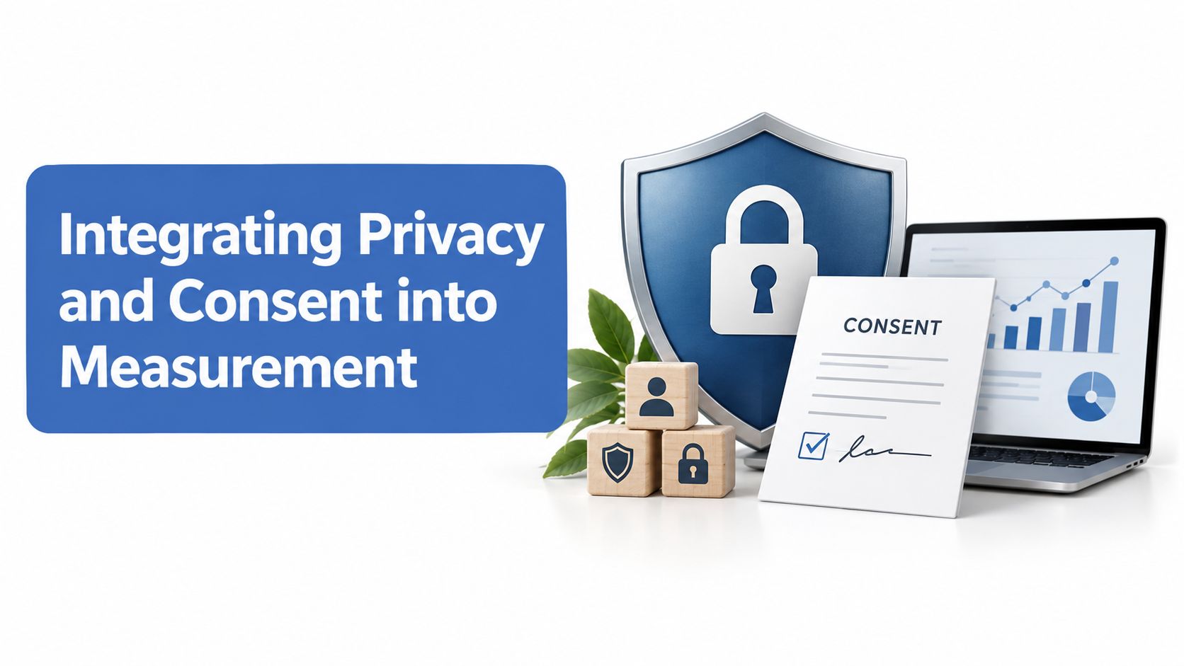 A digital illustration showing a shield, consent document, and laptop, symbolizing privacy in data measurement practices.