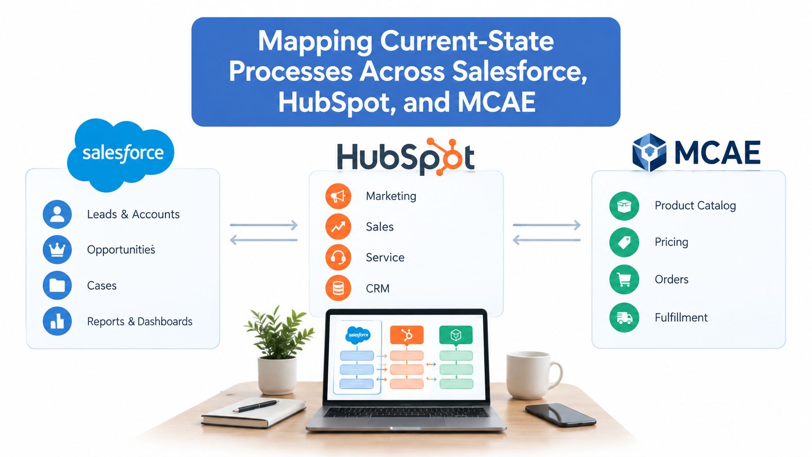 A diagram mapping current state processes between Salesforce, HubSpot, and MCAE systems displayed on a laptop screen.