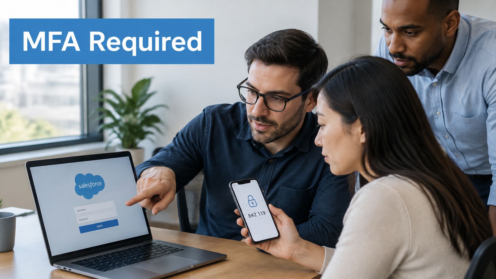 A diverse group of colleagues reviewing Salesforce multi-factor authentication requirements on a laptop and mobile phone.