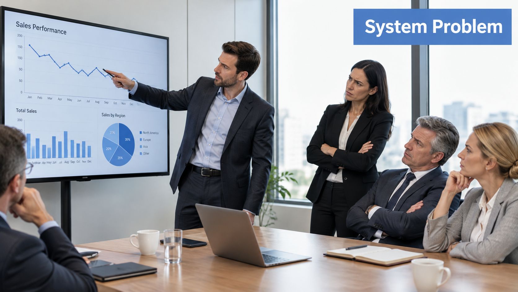 A professional business team holding a meeting in a conference room while reviewing sales performance data.